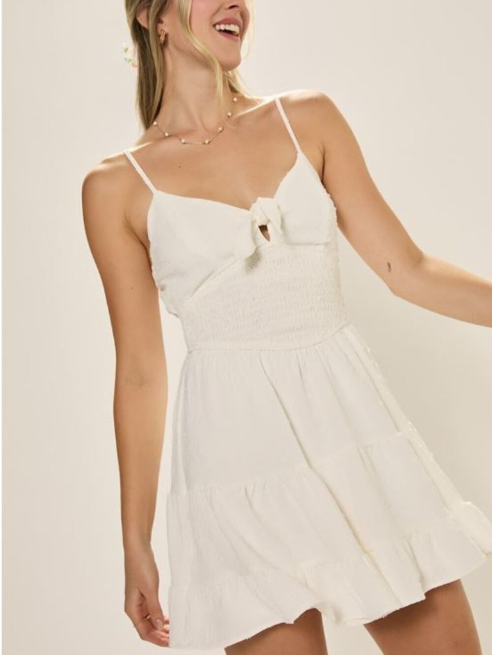 Francesca’s Jane Tie Front Smocked Mini Dress